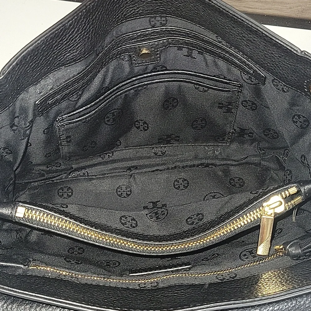Tory Burch Flap Front Pebble Black Leather Shoulder Bag with Gold Chain-Strap